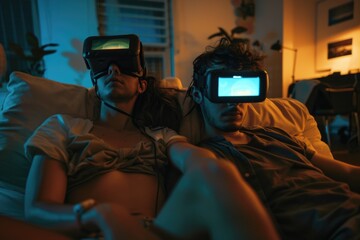 A couple relaxing together while experiencing virtual reality, great for technology or gaming themed projects