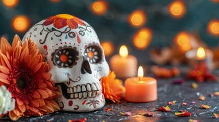A skull is placed on a table with candles and flowers