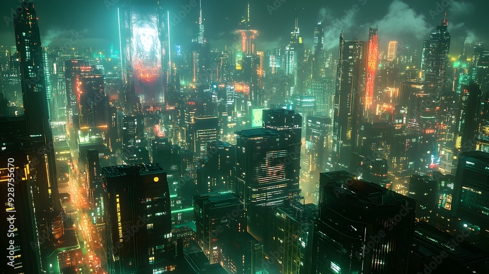 Poster striking image of a dynamic futuristic cityscape illuminated by neon lights and holographic projecti