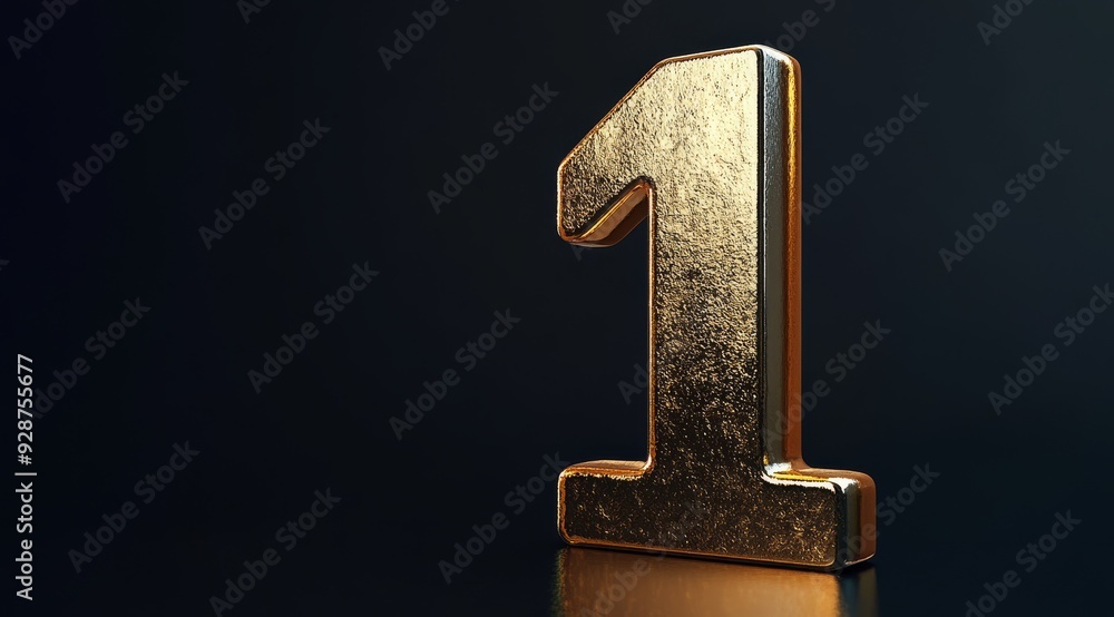 Poster this striking 3d rendering of the number one, made of shiny gold on a dark background, is perfect fo