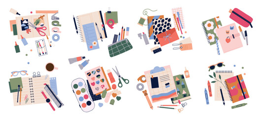 Set of Stationery supplies. Tools, materials and equipment for handmade, crafting and creative hobbies. Notebooks, paints and pencils. Flat vector illustration collection isolated on white background