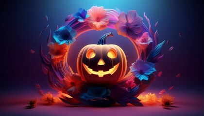 Vibrant Halloween pumpkin surrounded by colorful flowers, perfect for festive decorations and autumn celebrations.