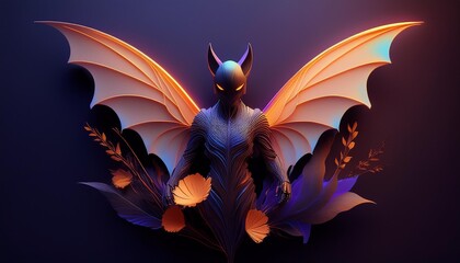 A mystical figure with bat wings, embodying fantasy and darkness, surrounded by glowing foliage and vibrant colors.