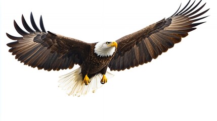 Fototapeta premium A Bald Eagle in Flight with its Wings Spread Wide against a White Background.