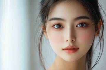 Fototapeta premium Beautiful young asian woman with clean fresh skin on white background, Face care, Facial treatment, Cosmetology, beauty and spa, Asian women portrait, Generative AI