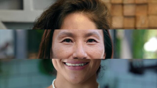 Portrait of Happy People with Smiling Faces in Split Screen Montage. Close Up Collage of Mosaic Headshot with Nice Colorful Women Looking at Camera in Multiple Parts. Footage of Real Face Expressions