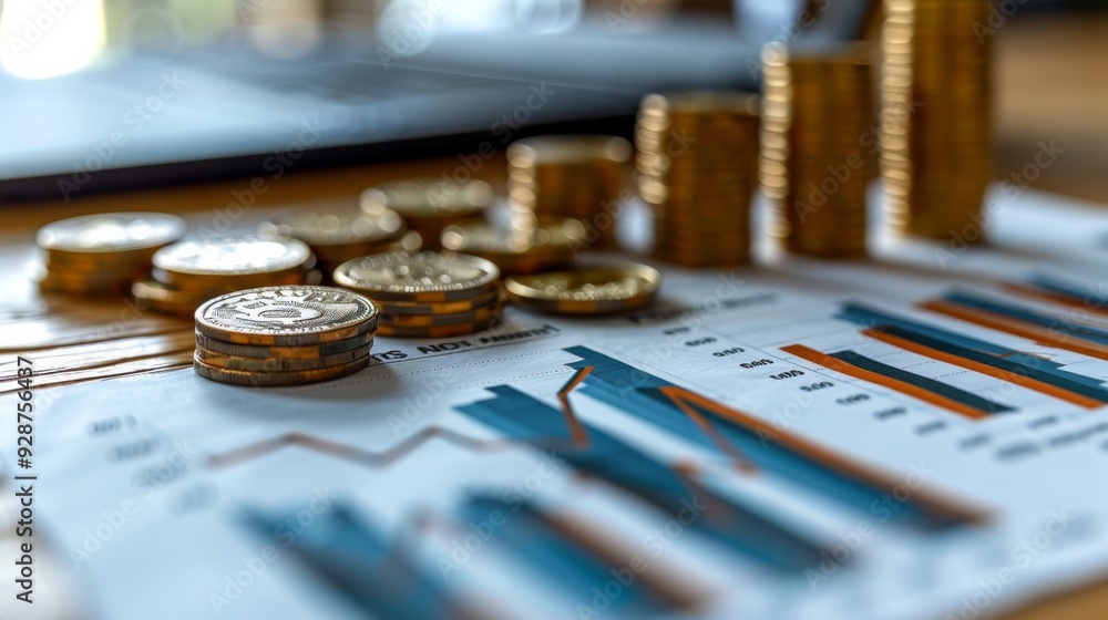 Poster analyzing financial reports with coins and charts on a workspace
