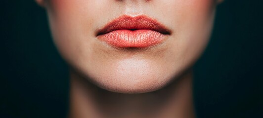 Obraz premium Close-up of a woman's lips showcasing glossy texture and subtle color, emphasizing beauty and elegance in a dramatic lighting.