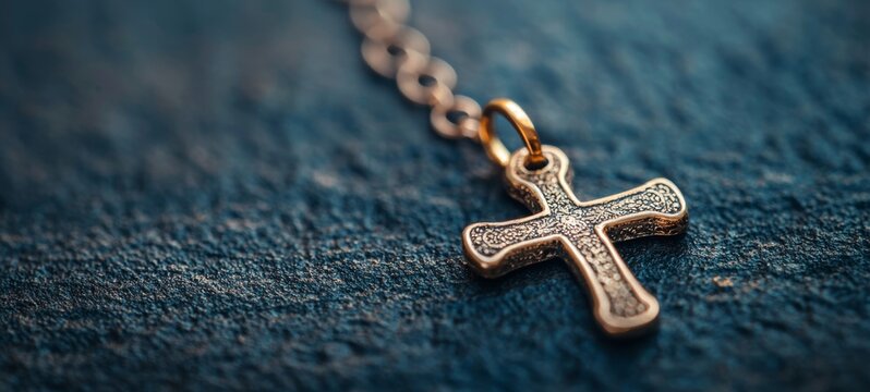 Close-up of an elegant gold cross pendant resting on a textured blue background, symbolizing faith and devotion.
