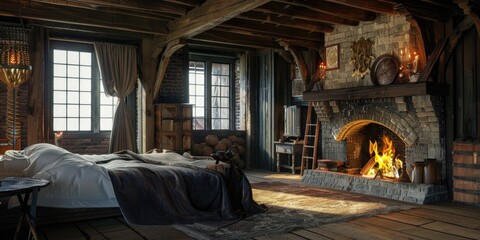Fototapeta premium Cozy bedroom featuring a fireplace and a comfortable bed, perfect for relaxation