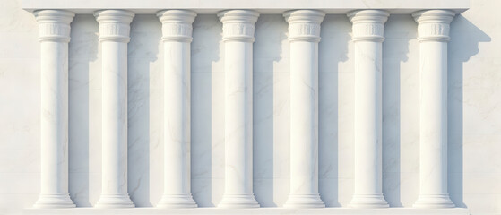 A row of seven white marble columns in classical architectural style, stand against a light background, casting subtle shadows that emphasize their 3D form and texture. Generative AI