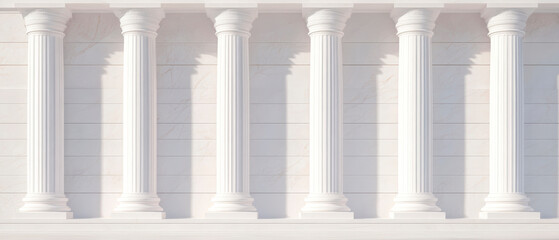 Obraz premium a row of white classical columns against a light-colored marble wall. The columns cast distinct shadows, creating a rhythmic pattern of light and shadow, neoclassical design. Generative AI