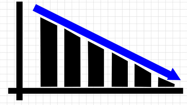 Falling trend chart. Abstract decreasing business graph black bars with blue arrow background