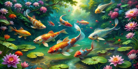 Serene Koi Pond with Blooming Water Lilies, Digital Painting, Koi, Water Lily, Pond, Fish
