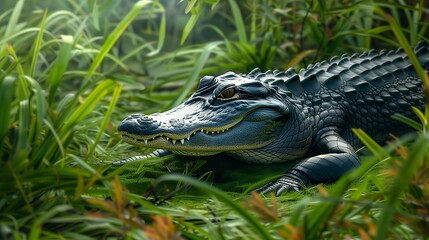 Fototapeta premium A large alligator with a grey-blue body is lying in the grass, with only its head and a little of its body visible.