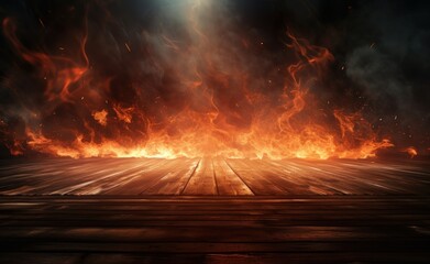 Fiery inferno behind a wooden floor