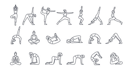 Set of yoga poses line icons. Symbols with female figure in different yoga poses or asanas. Fitness, sports and Pilates. Outline vector illustration collection isolated on white background