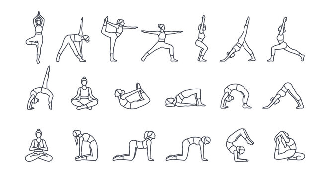Set of yoga poses line icons. Symbols with female figure in different yoga poses or asanas. Fitness, sports and Pilates. Outline vector illustration collection isolated on white background