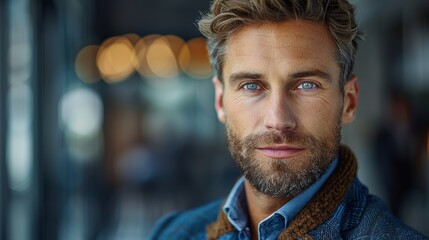 Fototapeta premium A man with blue eyes and a beard poses confidently indoors during daylight