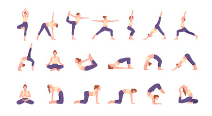 Set of yoga poses icons. Colorful signs with woman doing physical exercises from Pilates. Female figure in various yoga asanas. Flat vector illustration collection isolated on white background