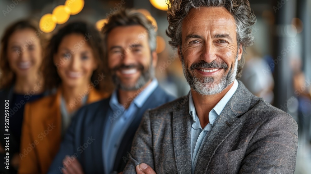 Poster business professionals smiling during a networking event in a modern urban setting
