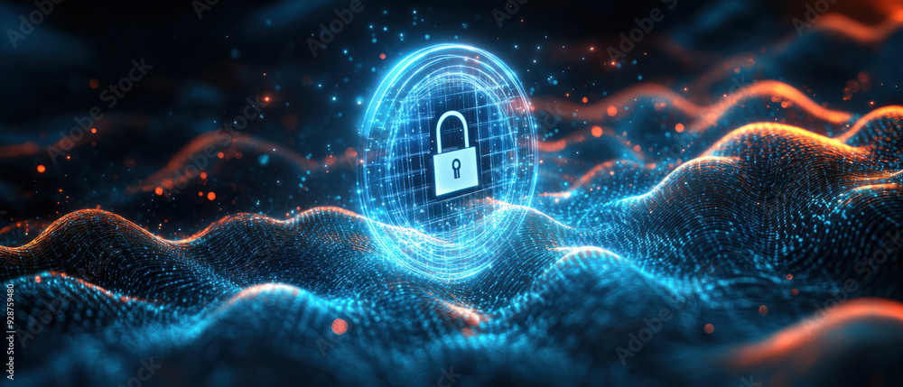 Poster cloud security measure, an ethereal holographic lockpad icon hovering over a detailed cloud matrix, 