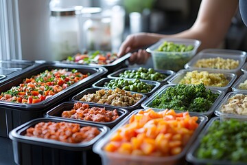 Obraz premium Person Meal Prepping Healthy and Balanced Lunches for the Upcoming Week Showcasing Their Commitment to Achieving Fitness Goals through Organized Meal Planning and