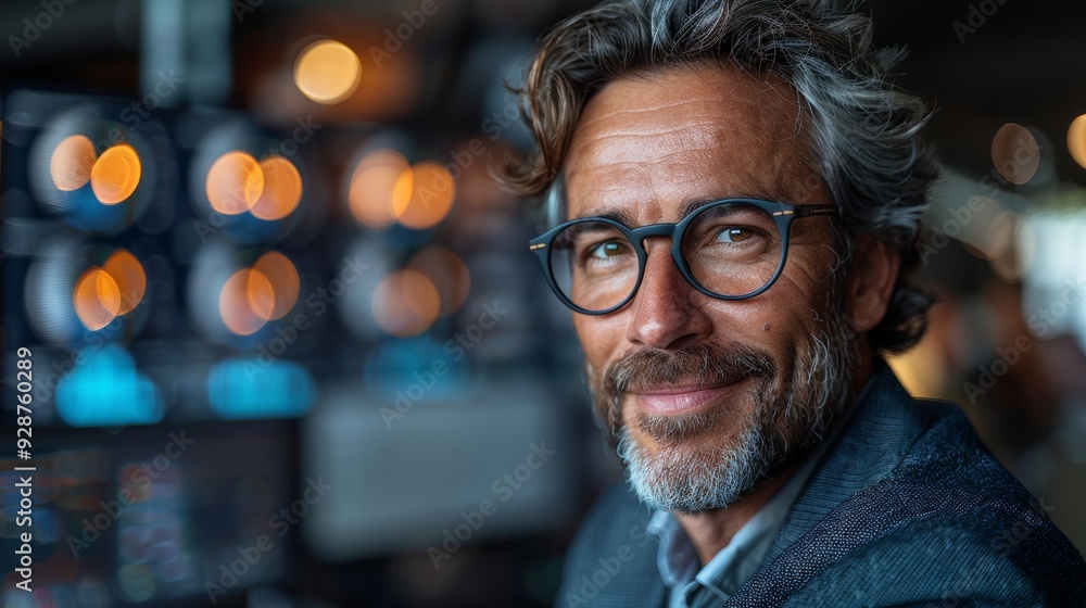 Poster a smiling man with glasses sits at a control panel surrounded by lights in a modern workspace during