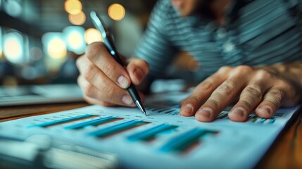 Person analyzing and marking charts on a wooden desk during daytime in a modern office setting