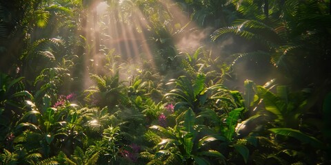 Fototapeta premium Sunbeams shine through the lush foliage of a tropical jungle, creating a magical and ethereal atmosphere.
