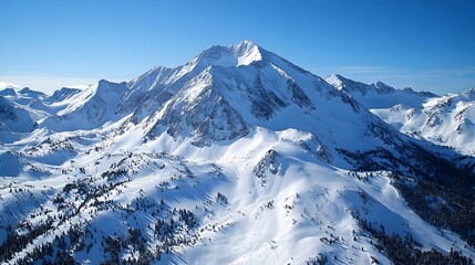 Majestic snow capped mountain range reaching towards a clear blue sky creating a breathtaking natural landscape  This scenic winter wonderland invites and appreciation of the great outdoors