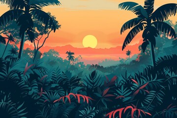 Obraz premium Tropical sunset landscape with palm trees and mountains in the background.