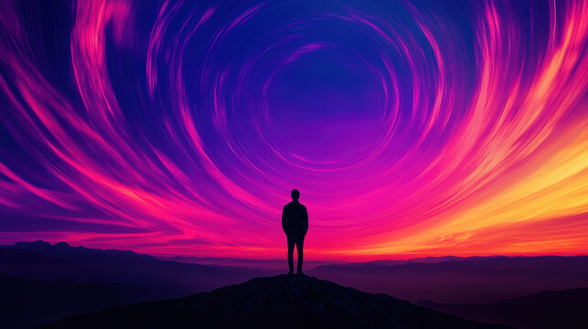 Silhouette of a person standing on a mountain peak, gazing at vibrant, swirling sunset skies. Concept of wonder and exploration.