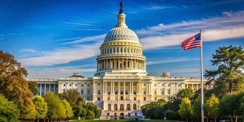 Fototapeta premium The Capitol Building under a Blue Sky, with a Flagpole and a Flag in the Foreground, Washington D.C. , American Flag, Capitol Building, Washington DC