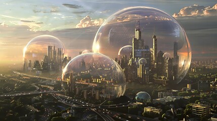 Futuristic cityscape with multiple domes covering the city, surrounded by a highway and trees.