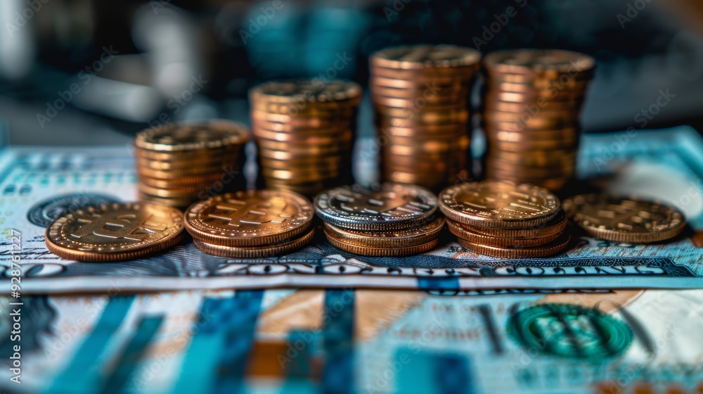 Poster stacked coins and bills arranged on a table with a blurred background during daylight hours