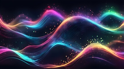 The image is a colorful, abstract representation of sound waves