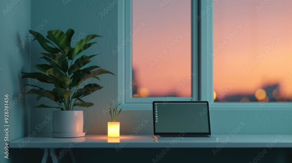 Poster cozy and inviting remote work desk setup encouraging focused productivity and creativity in a serene
