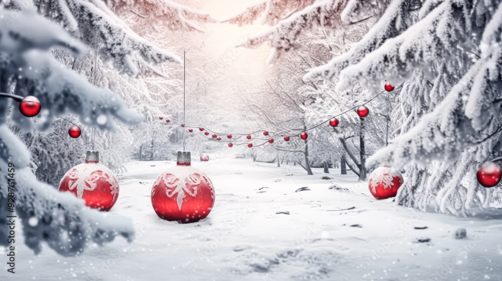 Poster a snowy forest with two red trees and a red house. the trees are covered in snow and have red balls 