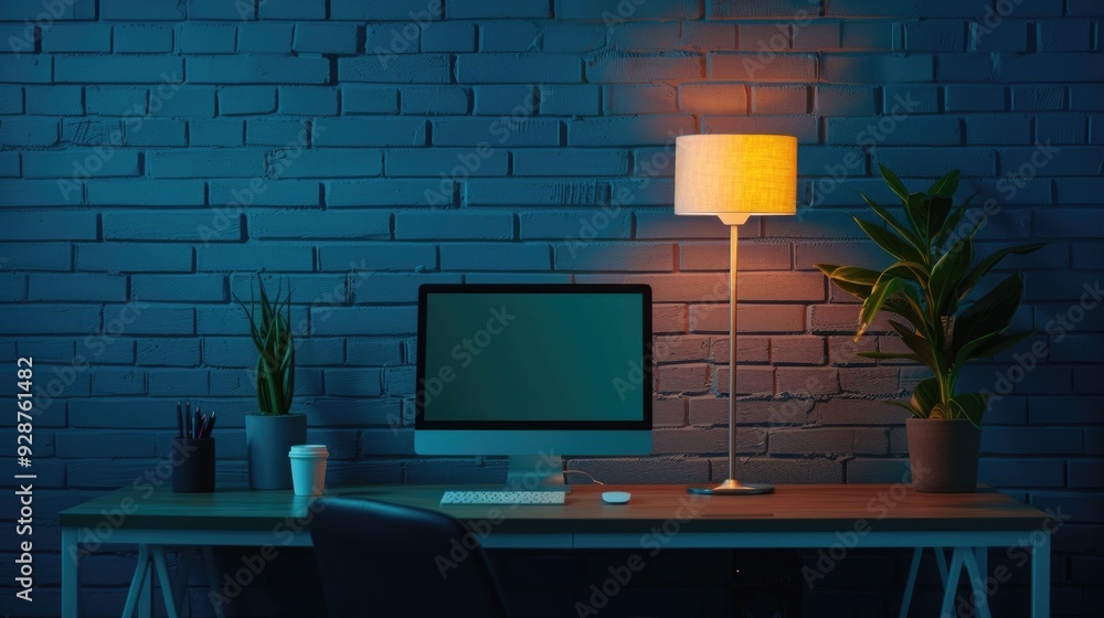 Poster cozy and peaceful remote work lifestyle with minimalist and organized workspace in a deep depth of f
