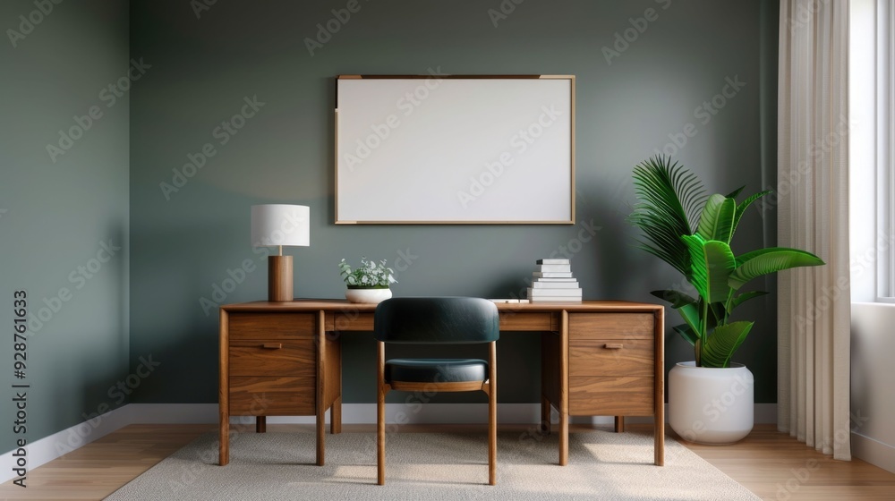 Poster elegant and organized minimalist home office decor with precise depth of field highlighting the work