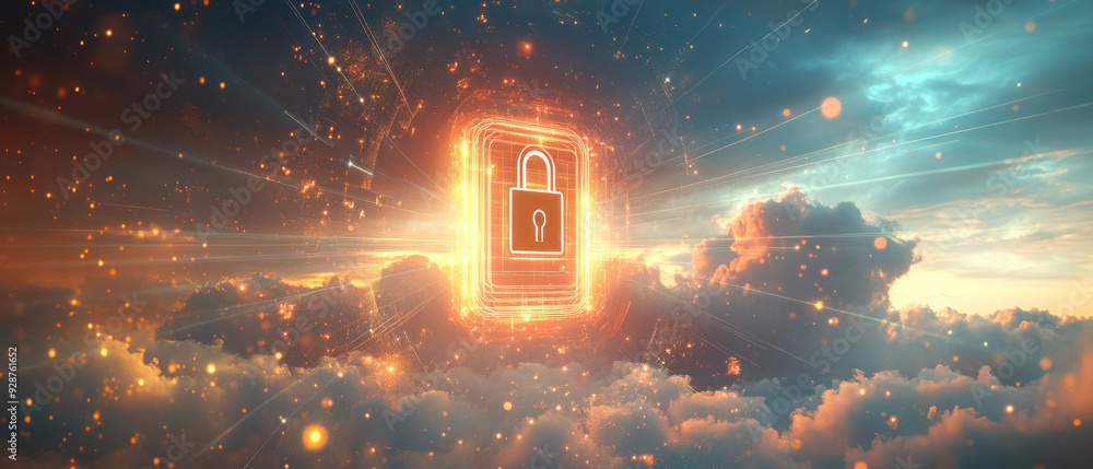 Poster cloud security measure, a vibrant hologram of a lockpad icon floating above a dynamic cloud system, 