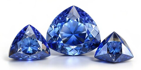 Fototapeta premium Three Blue Sapphires, Pear and Trillion Cut, 3D Render, Gemstone, Jewelry, Gem, Diamond