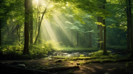 Obraz premium Sunlight streaming through the vibrant green leaves 