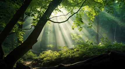 Sunlight streaming through the vibrant green leaves 
