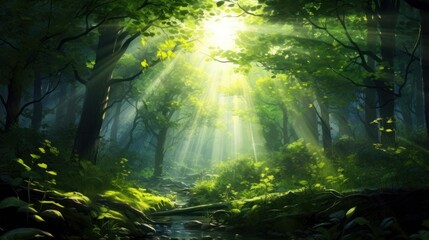 Sunlight streaming through the vibrant green leaves 