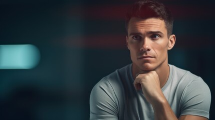 Confident businessman with dark hair looking seriously into camera, 