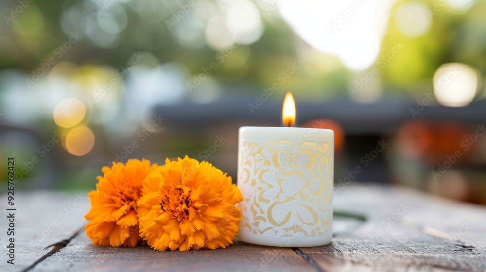 Poster A candle is lit next to a bouquet of orange flowers