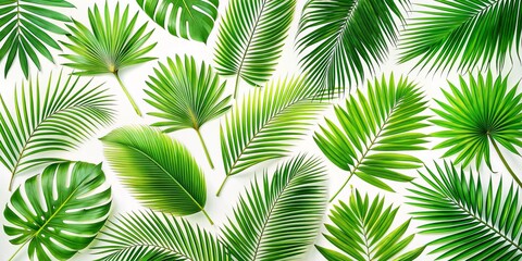 Tropical Palm Leaf Composition - Flatlay, White Background, Green Foliage, Summer Vibes, Palm Tree, Tropical, Leaves