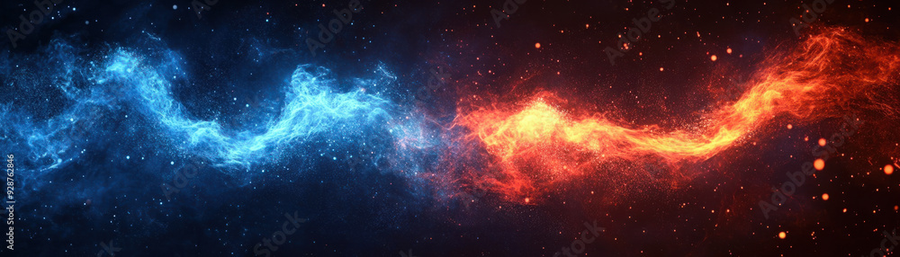 Poster versus background, dynamic collision of neon blue and red energy, creating a bright splash effect, s